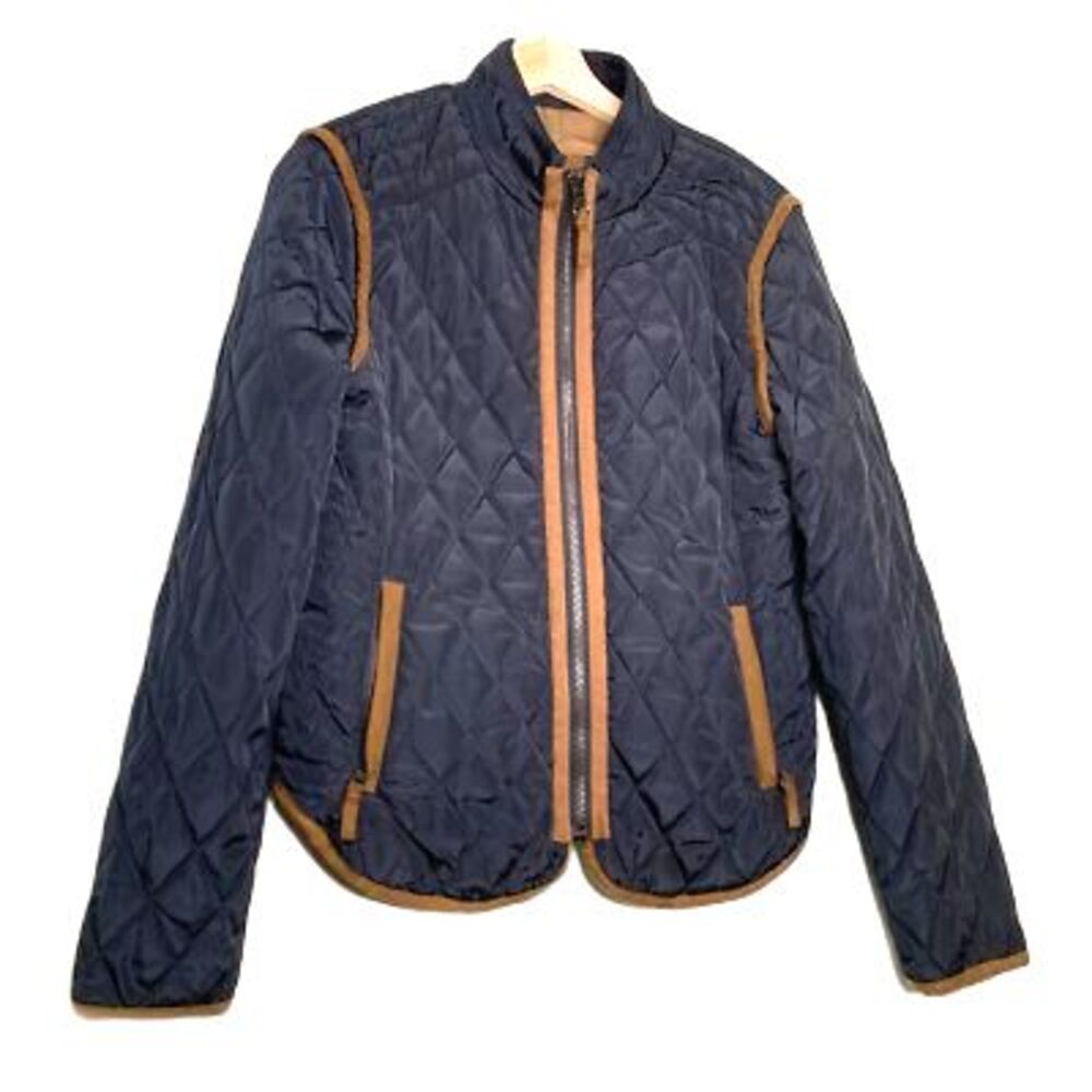 Zara Basic Womens Quilted Jacket Blue Zip Up Pockets Mock Neck Lined L